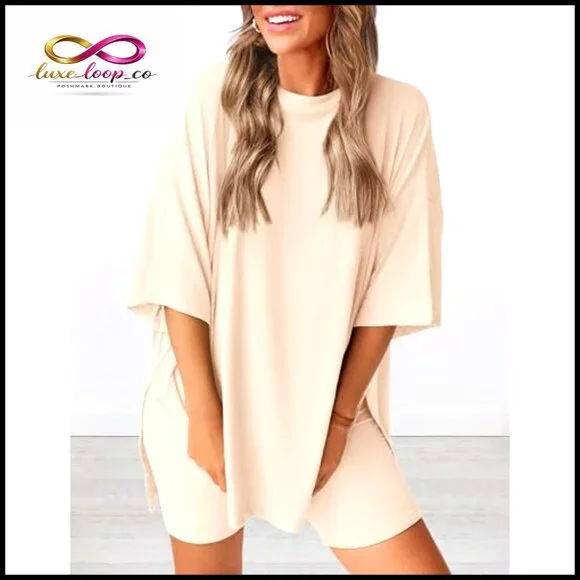 Oversized Short Sleeve Top with High Waisted Biker Shorts Set, Size X-Large